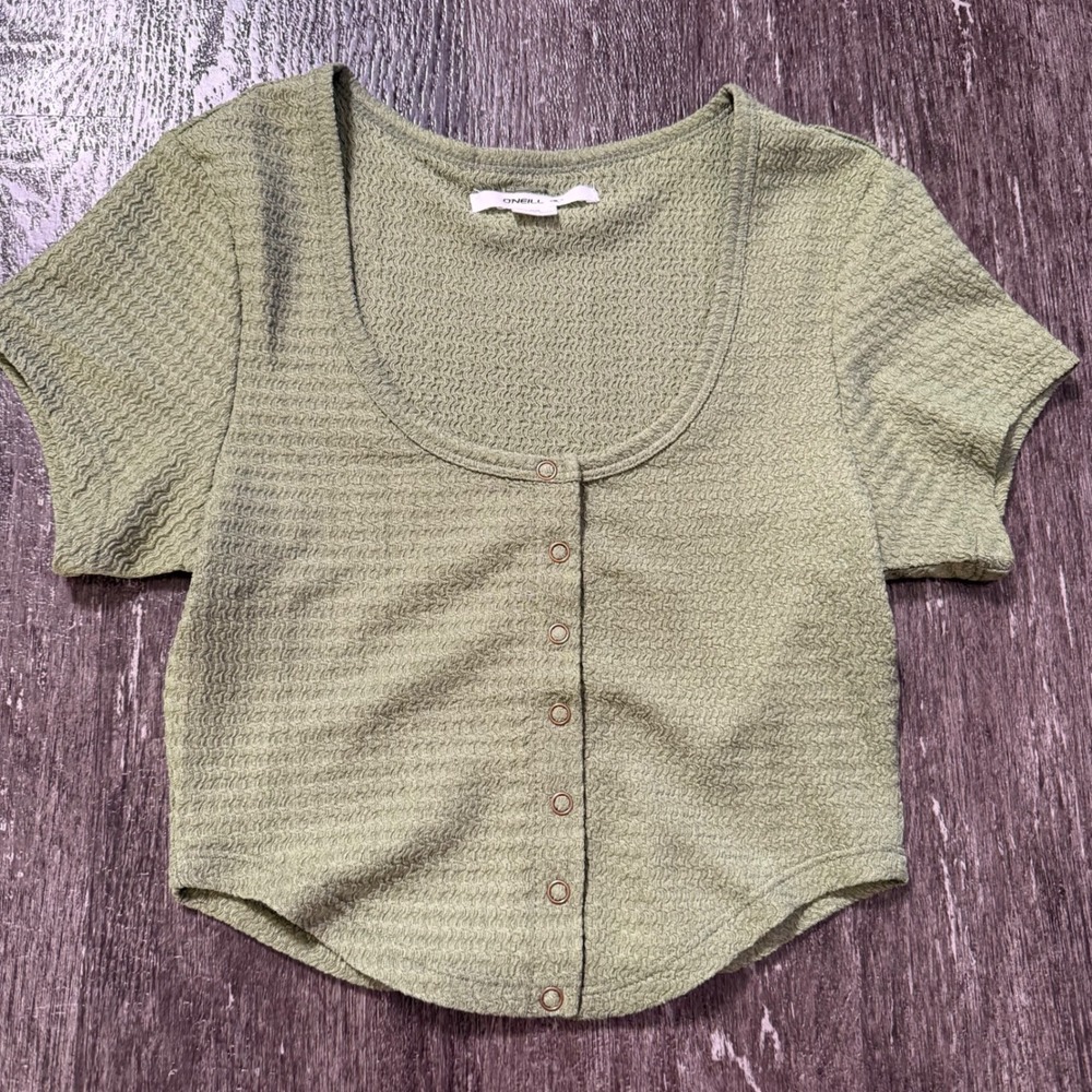 O'Neill Crop Top Women XS Sage Green Textured Snap Front Short Sleeve Curved Hem